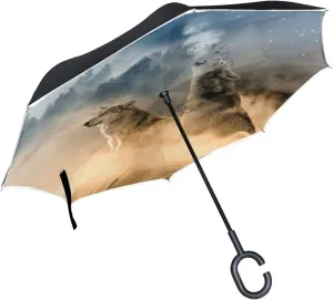 Wolves Reverse Inverted Inside Out Umbrella Cars Unigue Windproof UV Proof Double Layer for Women
