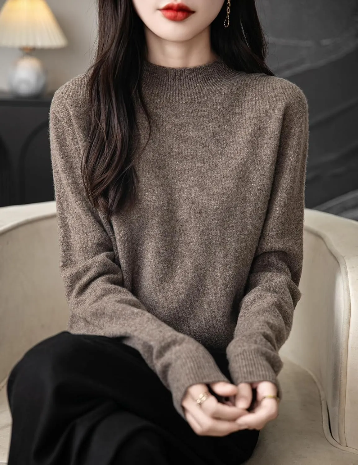 Women's 100% Merino Wool Seamless Sweater Mock Neck First-Line Ready to Wear Long Sleeve Knitted Pullover Tops