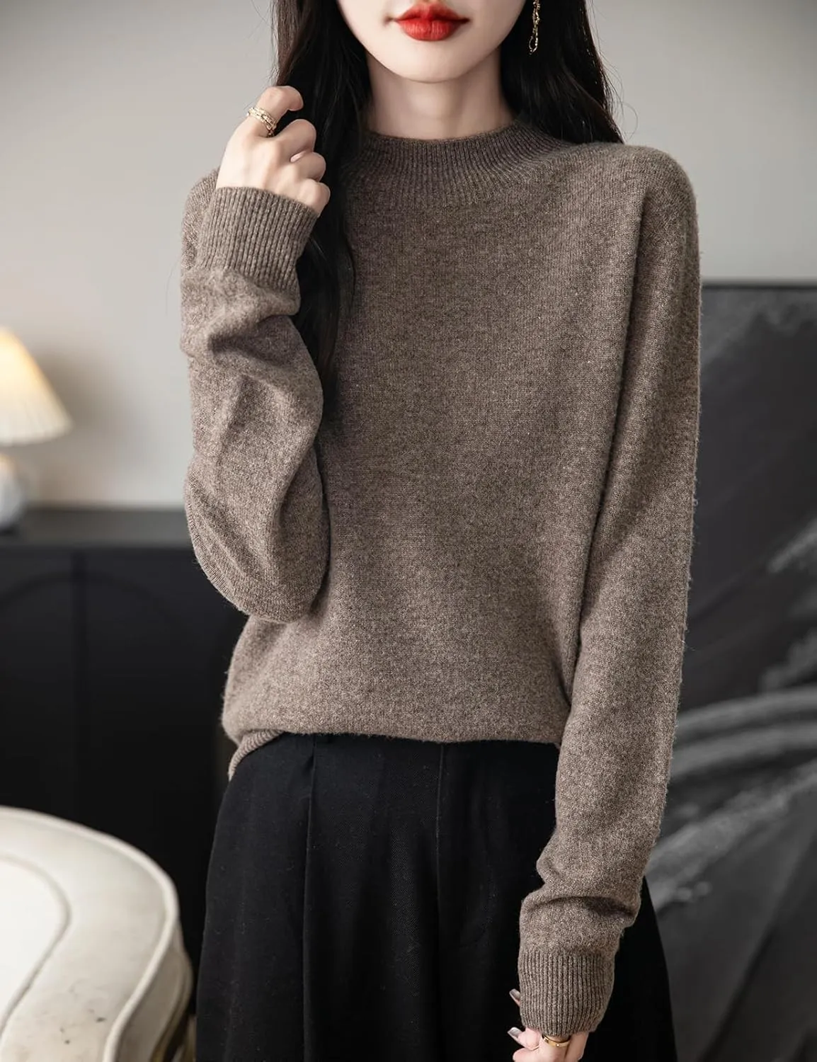 Women's 100% Merino Wool Seamless Sweater Mock Neck First-Line Ready to Wear Long Sleeve Knitted Pullover Tops