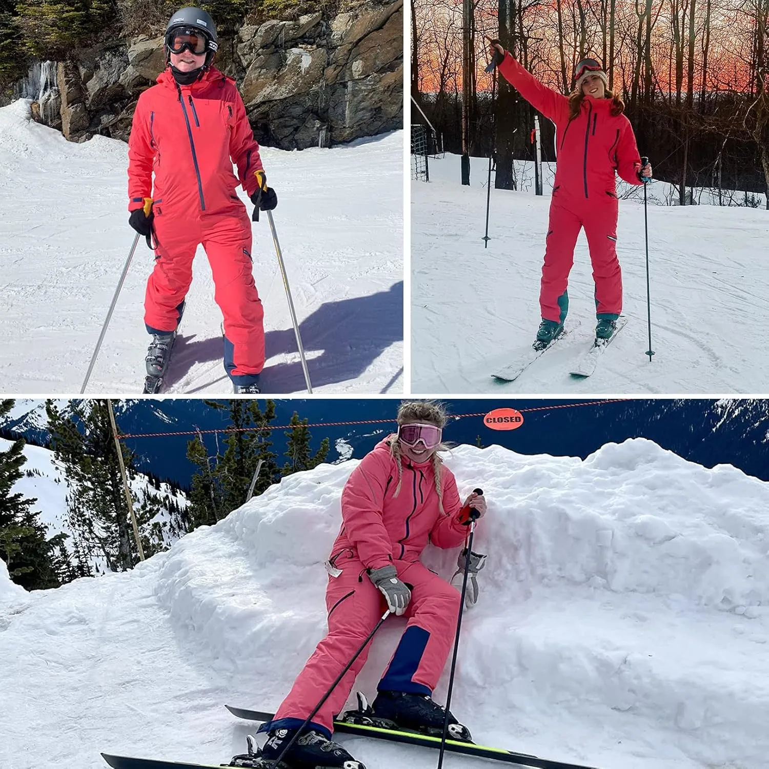 Women's One Piece Ski Suits Windproof Jumpsuit Waterproof Warm Breathable Detachable Hood Snowsuit For Snow Sports