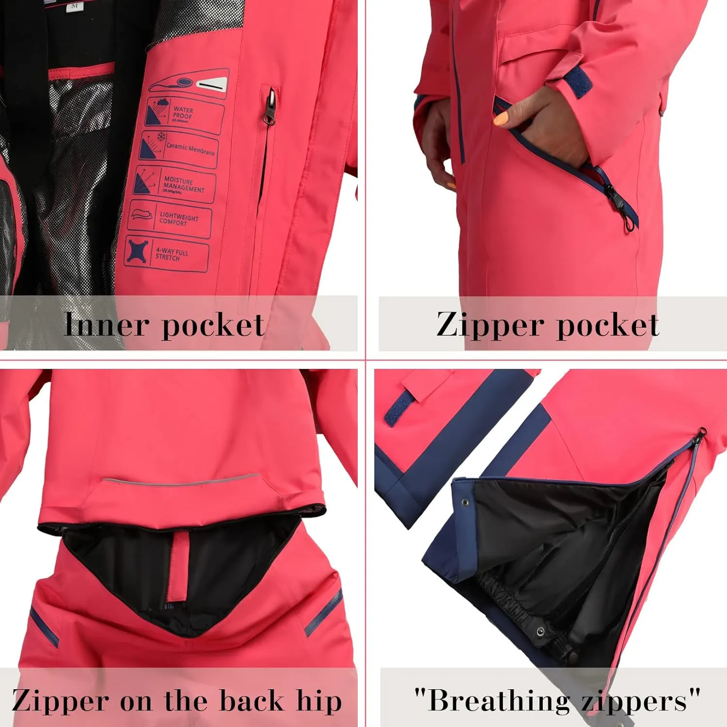 Women's One Piece Ski Suits Windproof Jumpsuit Waterproof Warm Breathable Detachable Hood Snowsuit For Snow Sports
