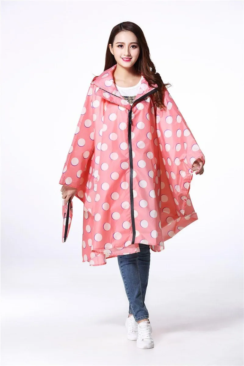 Womens Rain Poncho Stylish Polyester Waterproof Raincoat Free Size with Hood Zipper