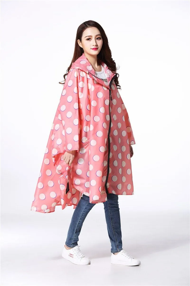 Womens Rain Poncho Stylish Polyester Waterproof Raincoat Free Size with Hood Zipper