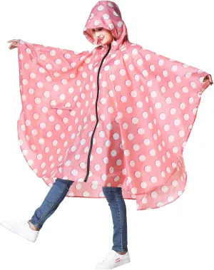Womens Rain Poncho Stylish Polyester Waterproof Raincoat Free Size with Hood Zipper