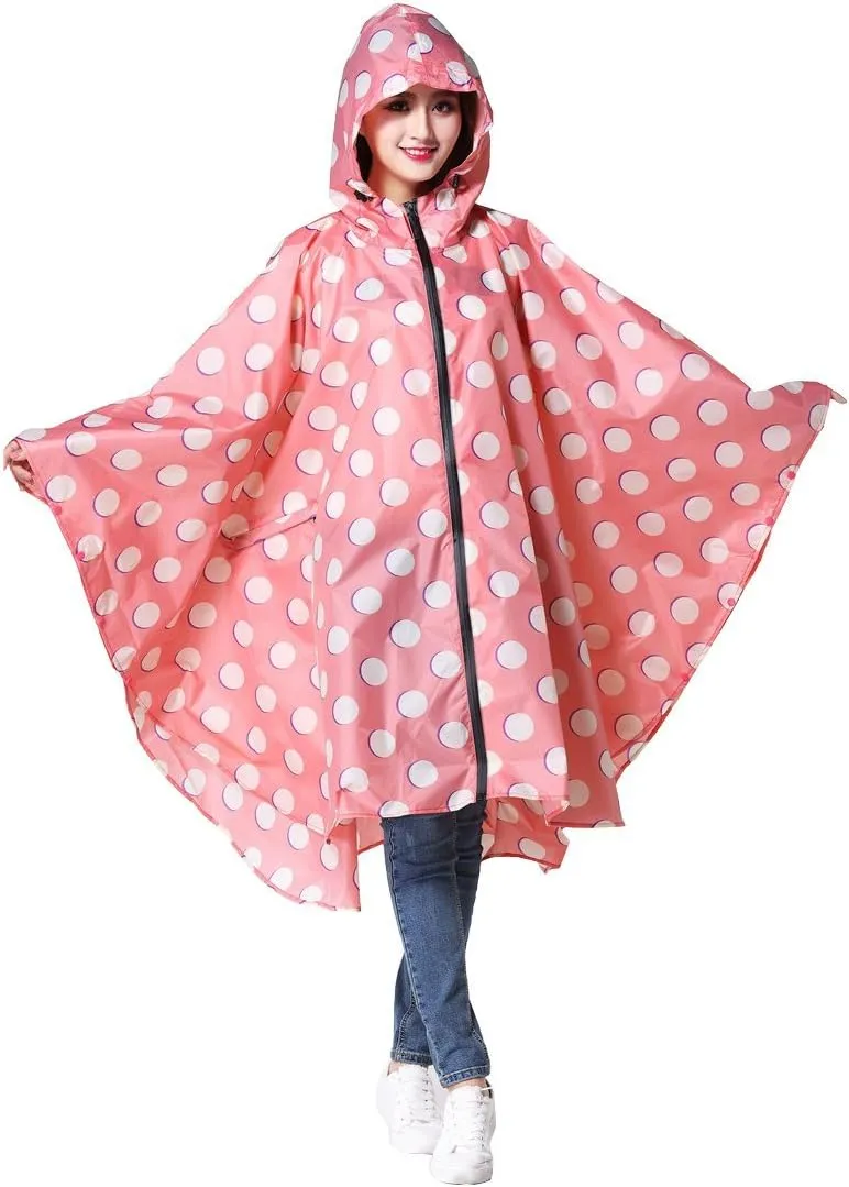 Womens Rain Poncho Stylish Polyester Waterproof Raincoat Free Size with Hood Zipper