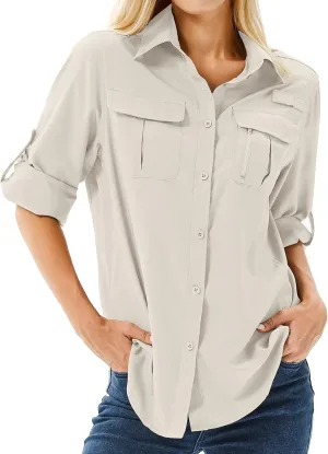 Women's UPF 50 Long Sleeve UV Sun Protection Safari Shirts Outdoor Quick Dry Fishing Hiking Travel Shirts