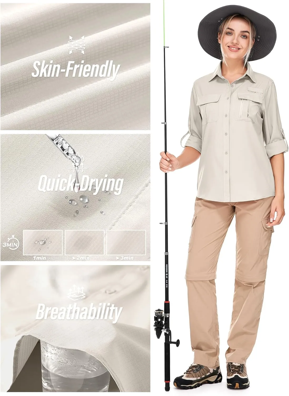 Women's UPF 50 Long Sleeve UV Sun Protection Safari Shirts Outdoor Quick Dry Fishing Hiking Travel Shirts