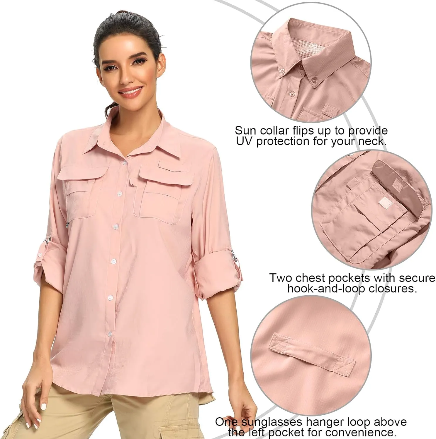 Women's UPF 50  UV Sun Protection Safari Shirt, Long Sleeve Outdoor Cool Quick Dry Fishing Hiking Gardening Shirts