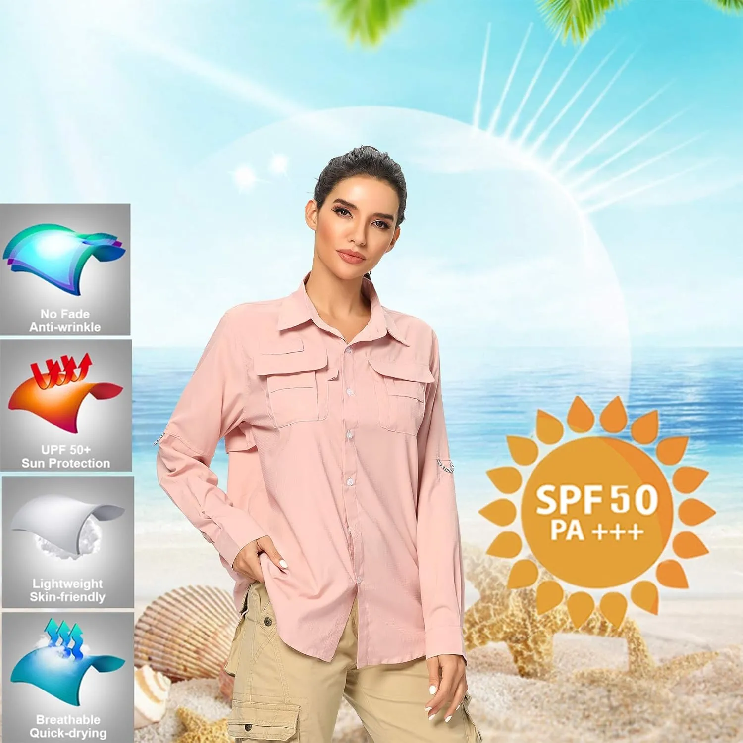 Women's UPF 50  UV Sun Protection Safari Shirt, Long Sleeve Outdoor Cool Quick Dry Fishing Hiking Gardening Shirts