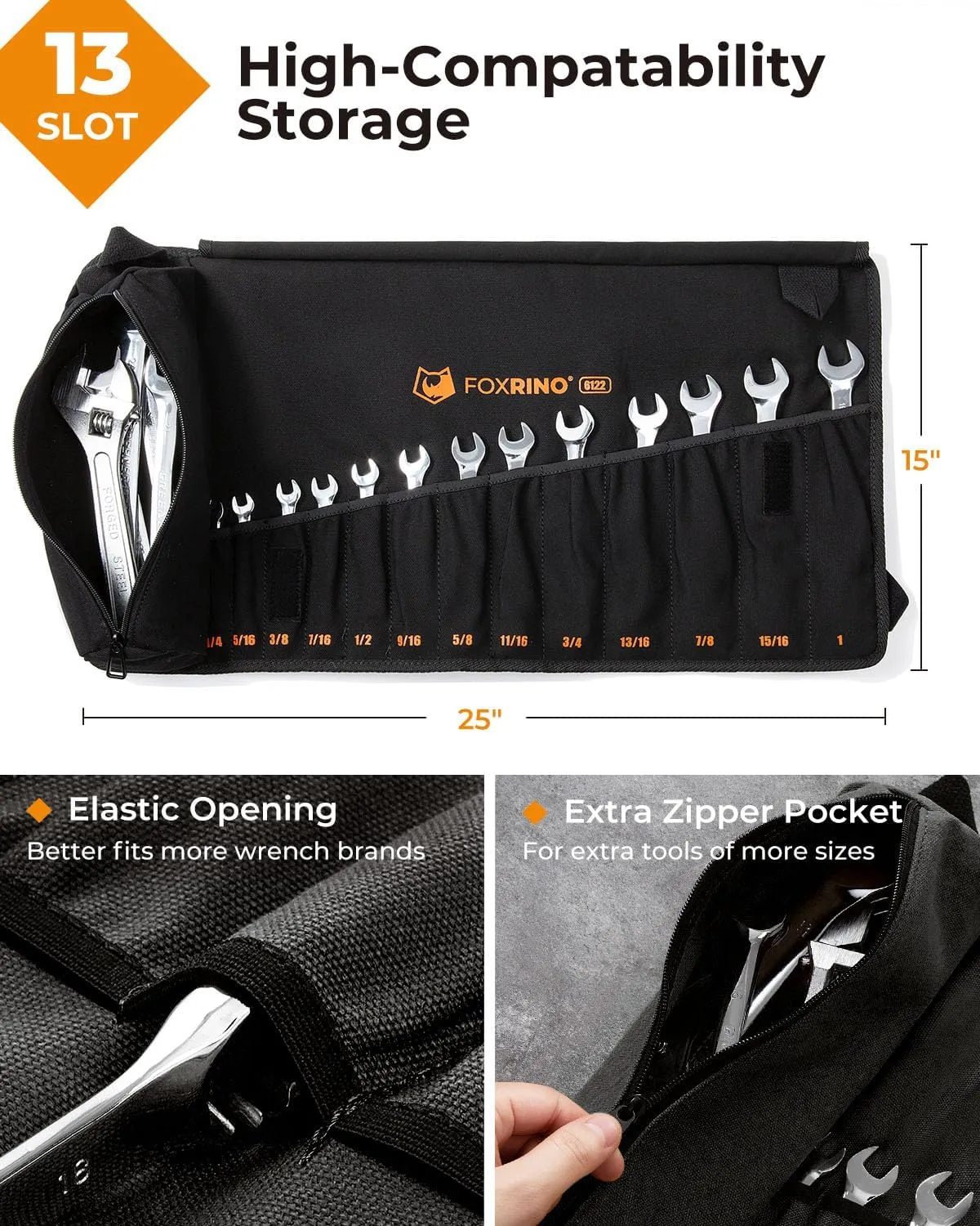 Wrench Roll, Wrench Roll Up Pouch, Gifts for Men Father Dad Mechanic, Heavy Duty Canvas Wrench Organizer Bag (Black, 13 1 SAE)