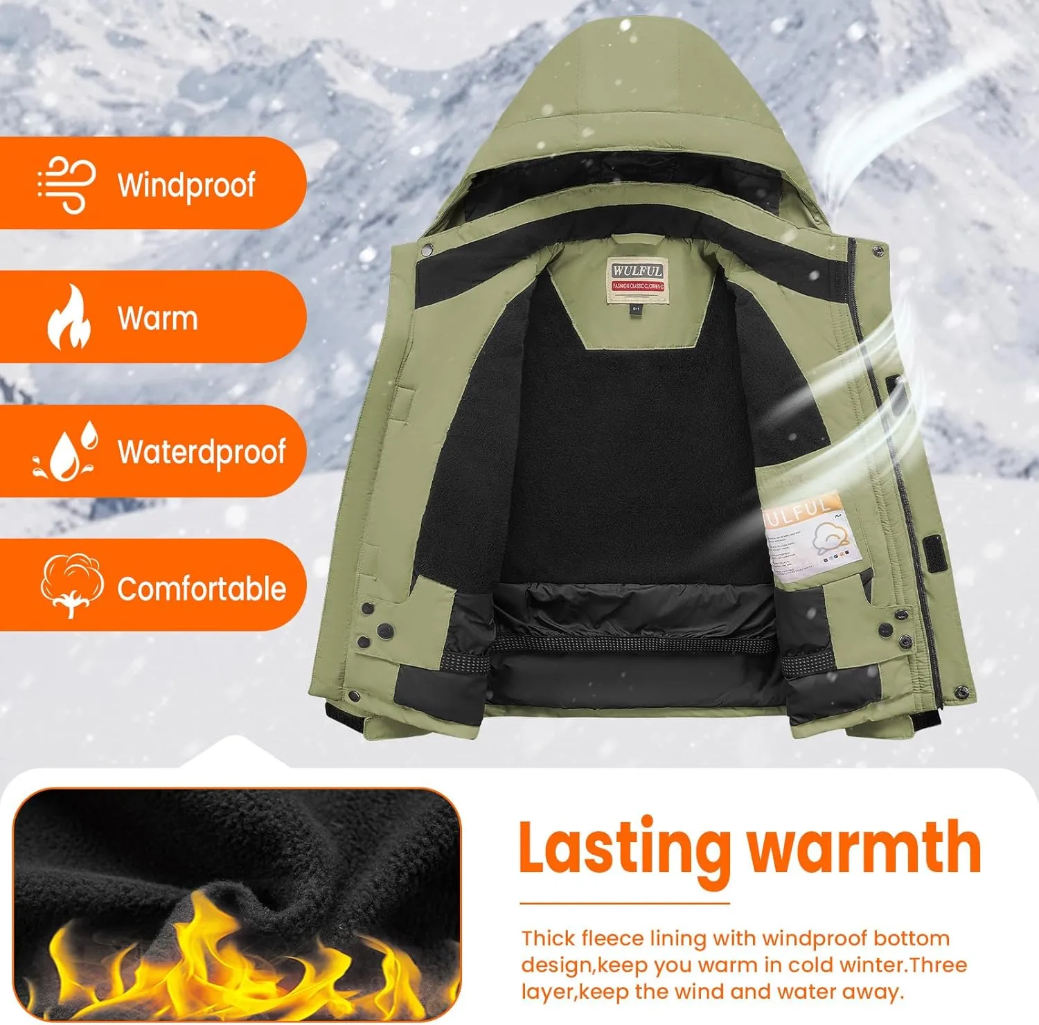 WULFUL Boy's Waterproof Ski Jacket Kids Winter Snow Coat Outdoor