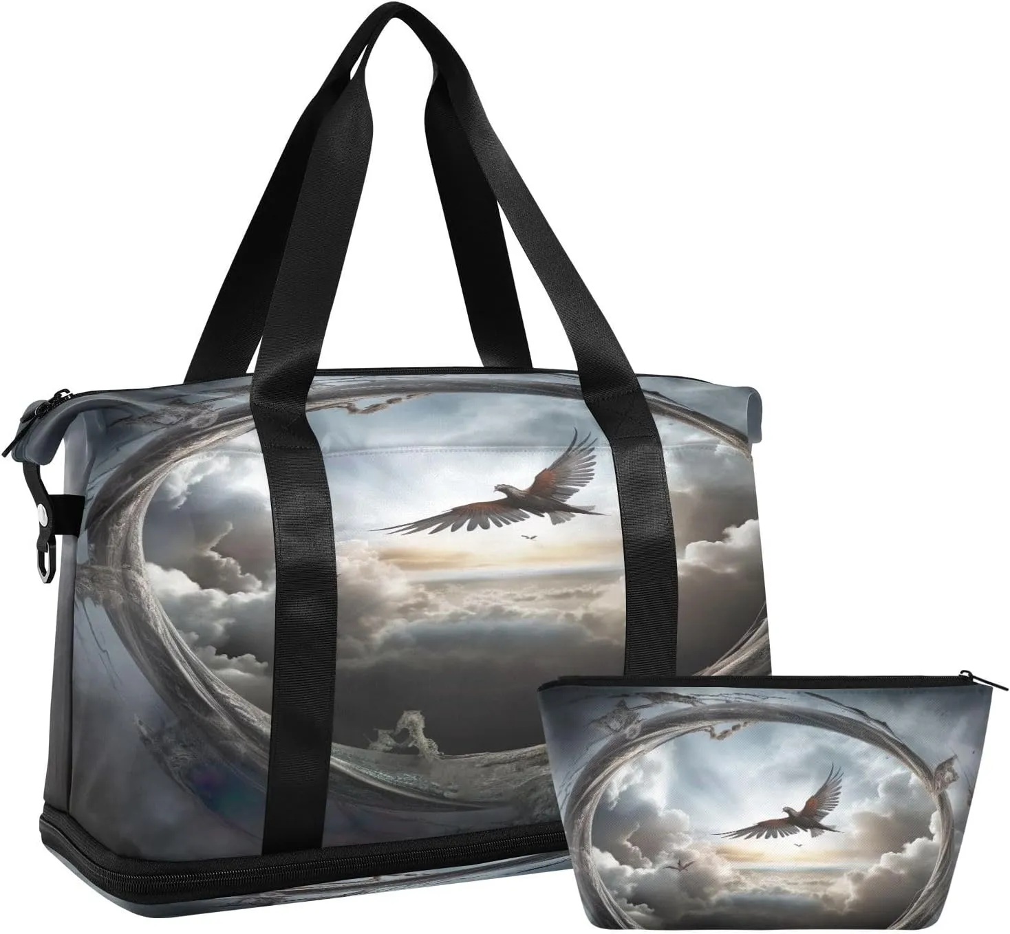 xigua Gym Bag Birds Circular Pattern Travel Duffel Bag - Sports Gym Bag with Dry Wet Pocket Cosmetic bag & Shoes Compartment for Women and Men