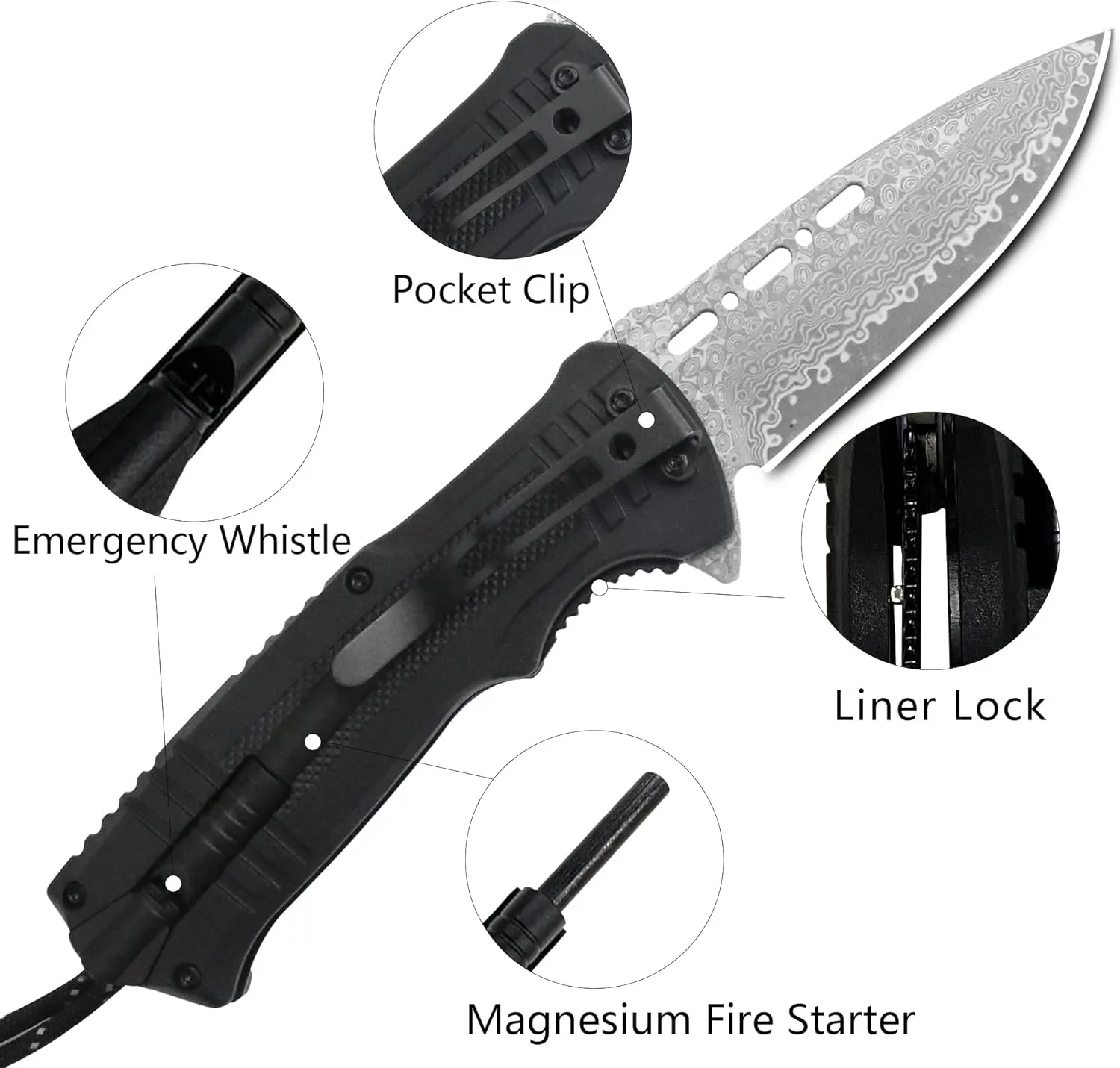 XIPHIAS EDC Tactical Damascus Folding Pocket Knife - 6-in-1 Survival Multitool with LED Light, Magnesium Fire Starter, Whistle, Paracord & Pocket Clip - (Black) - FK 039DA-Black