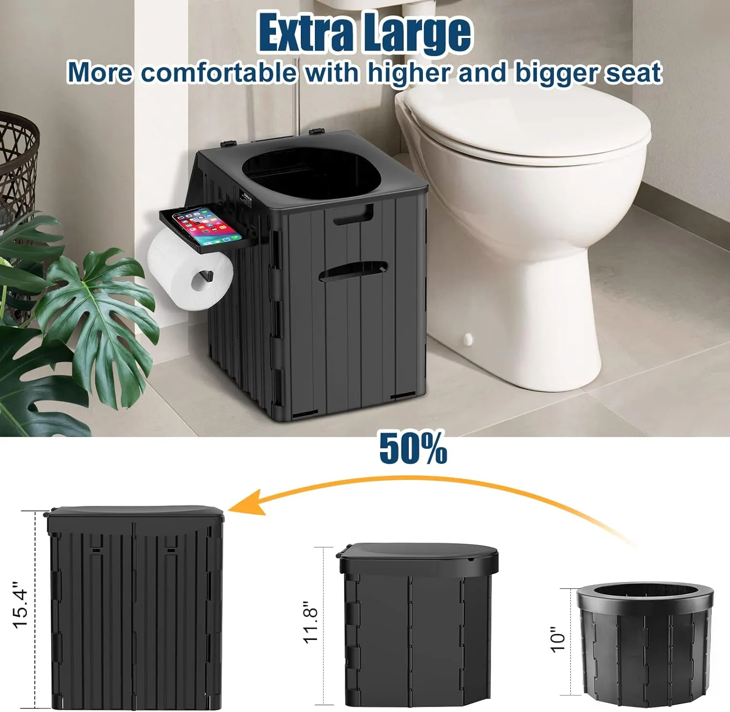XL Portable Toilet for Adults, 15.4" H Foldable Camping Toilet with Detachable Phone Shelf and Toilet Paper Holder, Waterproof Porta Potty with Lid for Hiking, Long Road Trips, Car