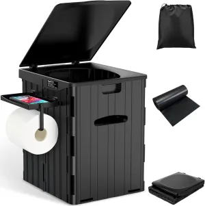 XL Portable Toilet for Adults, 15.4" H Foldable Camping Toilet with Detachable Phone Shelf and Toilet Paper Holder, Waterproof Porta Potty with Lid for Hiking, Long Road Trips, Car