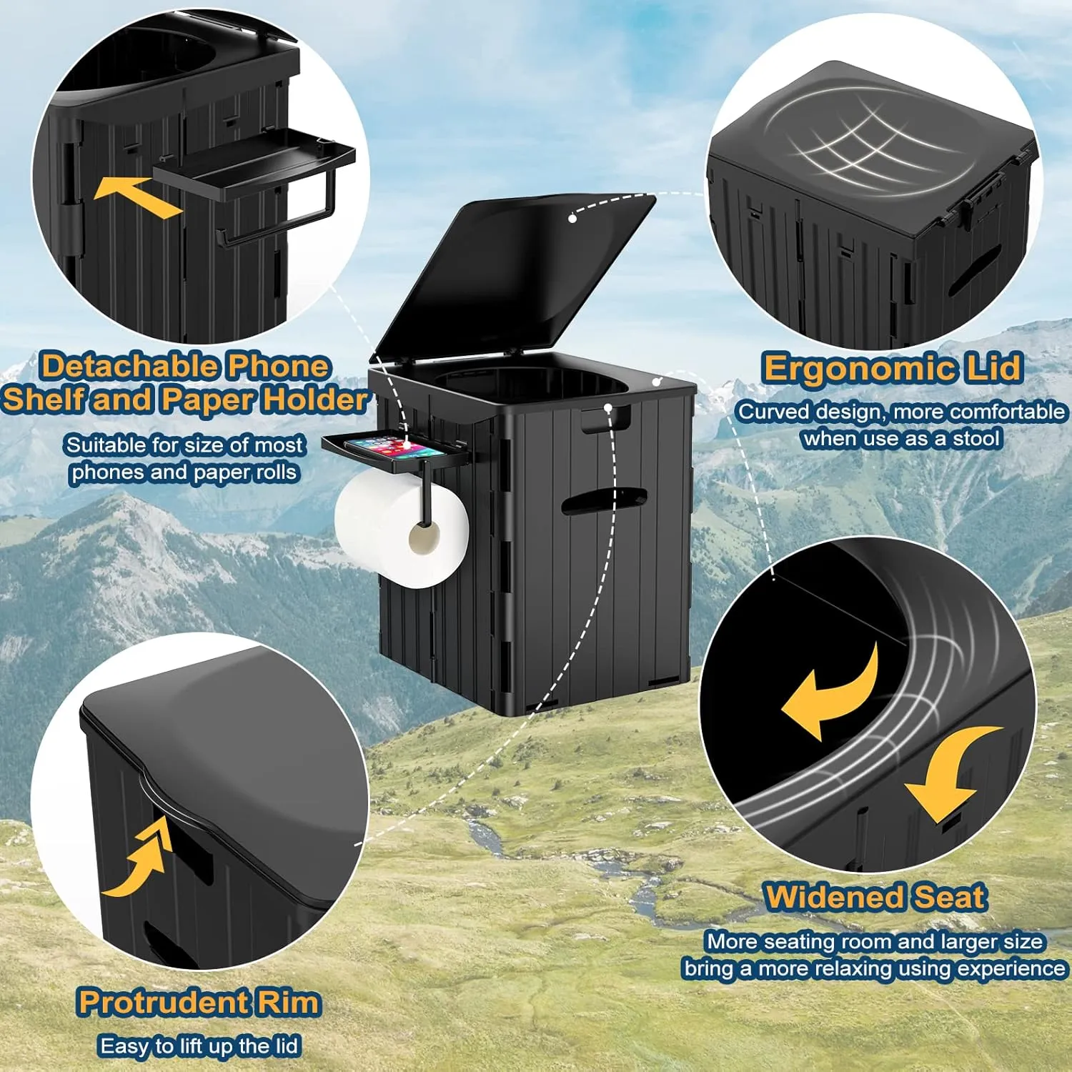 XL Portable Toilet for Adults, 15.4" H Foldable Camping Toilet with Detachable Phone Shelf and Toilet Paper Holder, Waterproof Porta Potty with Lid for Hiking, Long Road Trips, Car