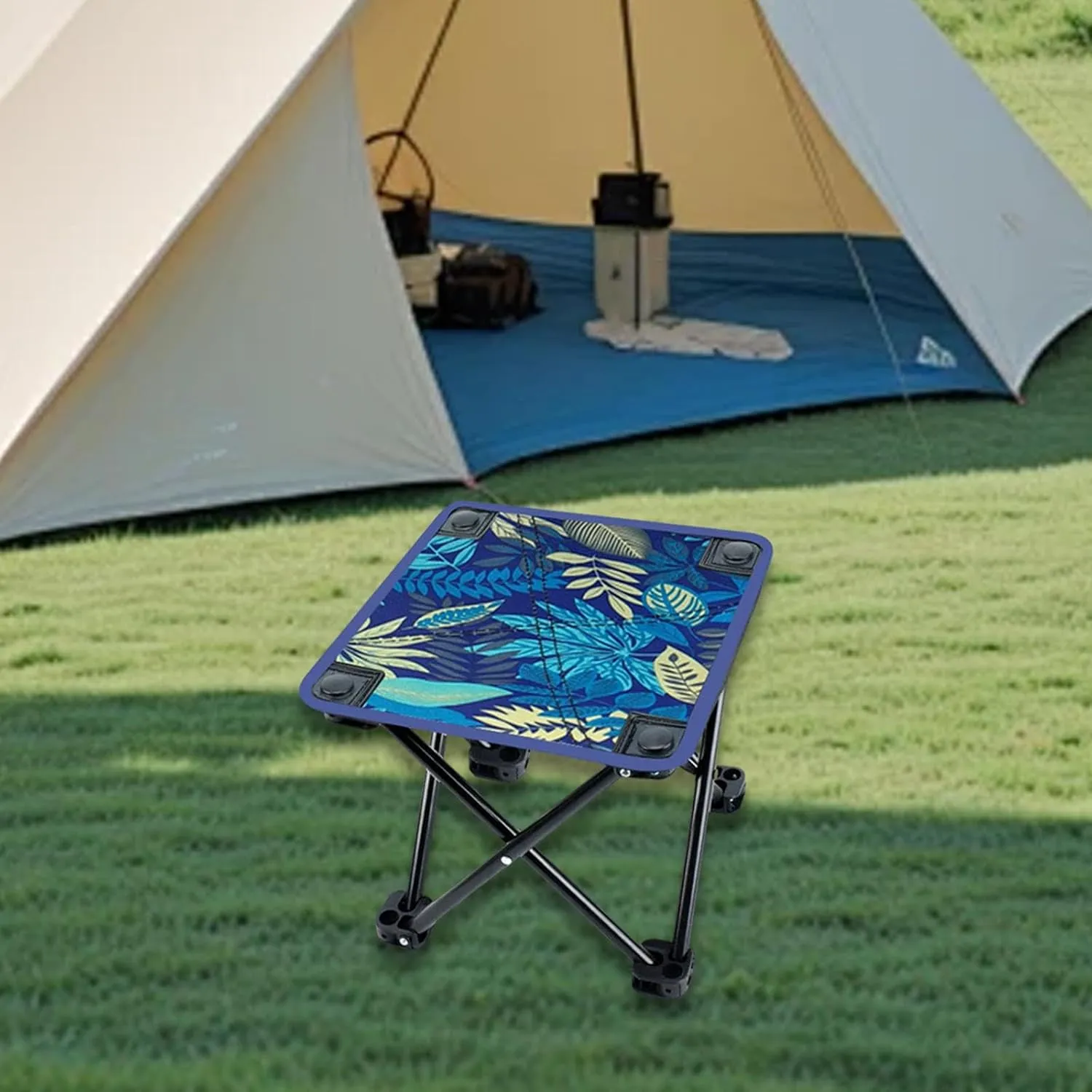 Yiju Camping Stool Camp Stool Folding Stool Camping Chair Foldable Footstool Recliner Foot Rest for Fishing Festival, Blue Leaves