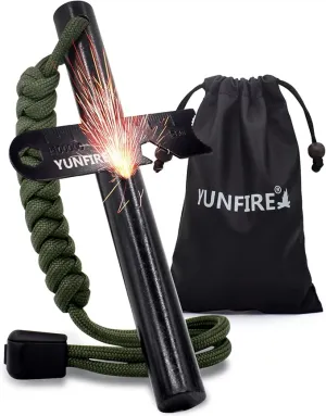 YUNFIRE Fire Starter-5" x 1/2" Thick Ferro Rod with Multi-Tool Striker & Type 550 Paracord, 25,000  Strikes, Drilled Flint Fire Steel for Emergency Survival, Camping, Hiking