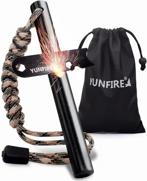 YUNFIRE Fire Starter-5" x 1/2" Thick Ferro Rod with Multi-Tool Striker & Type 550 Paracord, 25,000  Strikes, Drilled Flint Fire Steel for Emergency Survival, Camping, Hiking