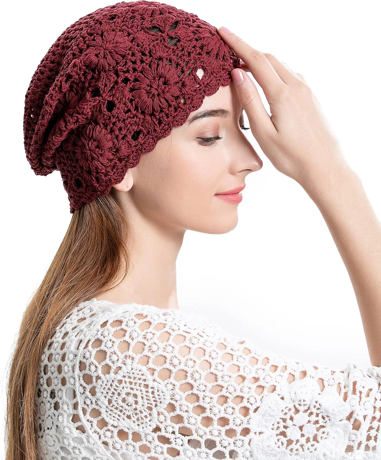 ZLYC Women Cotton Crochet Slouchy Beanie Hat Handmade Knit Summer Skull Cap
