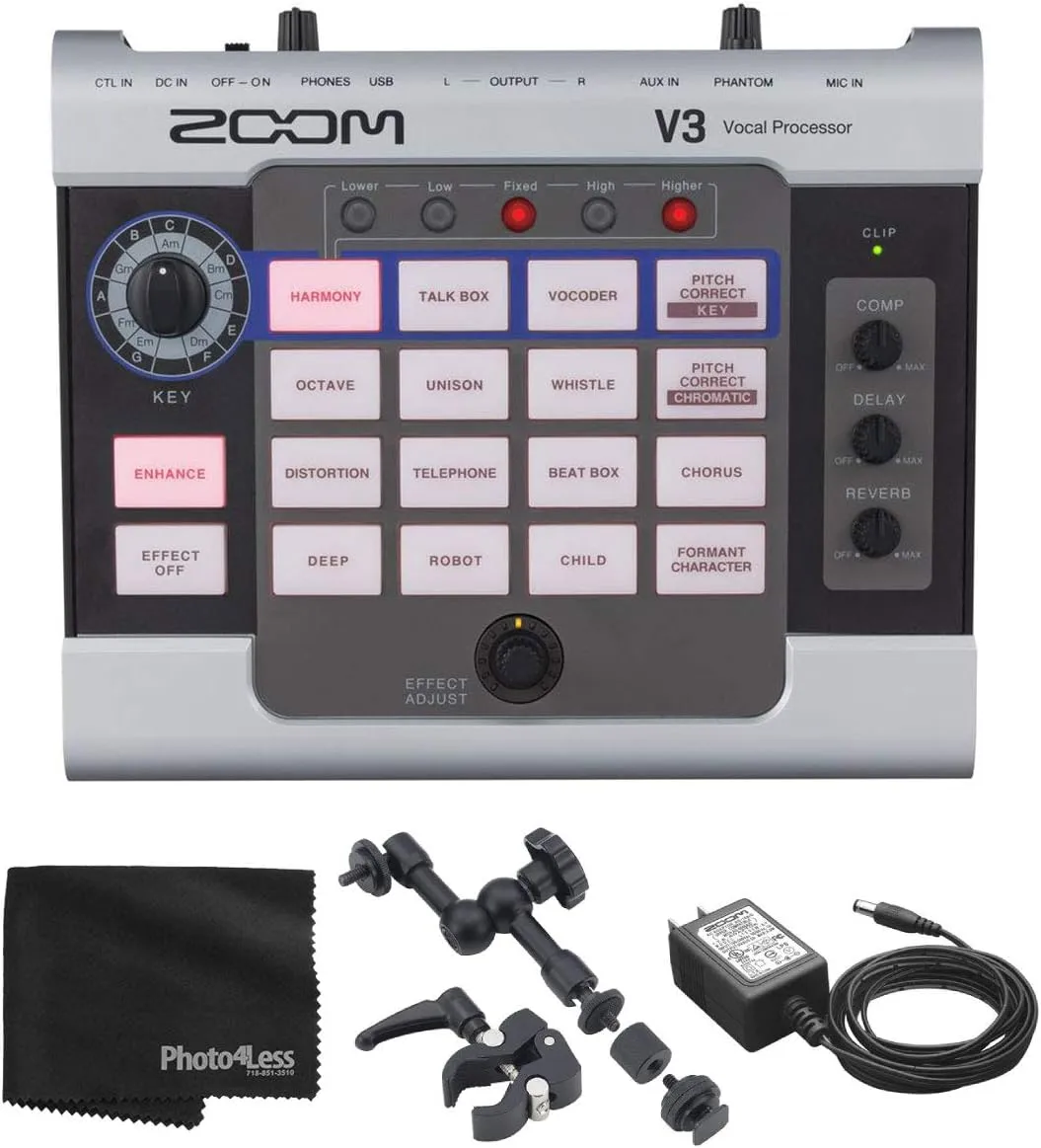 Zoom V3 Vocal Effects Processor For Streaming and Recording   Zoom Handy Recorder Mount   AC Adapter   Cleaning Cloth - Deluxe Bundle