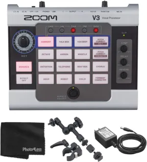 Zoom V3 Vocal Effects Processor For Streaming and Recording   Zoom Handy Recorder Mount   AC Adapter   Cleaning Cloth - Deluxe Bundle